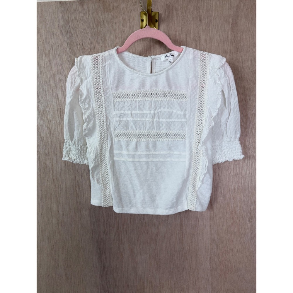 Mirror Image Womens XS White Crochet Lace Ruffle Puff Sleeve Blouse Top
